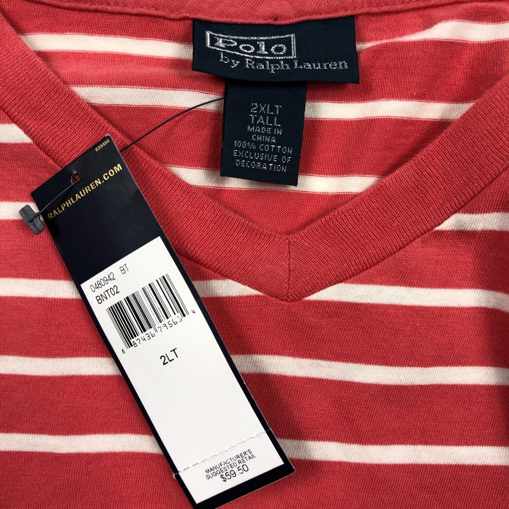 Polo Ralph Lauren V-Neck Striped Red T-Shirt 2XLT - Picture 5 of 8